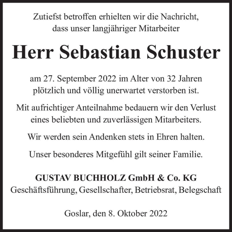 Traueranzeigen Von Sebastian Schuster Abschied Nehmen De