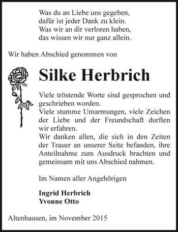 Traueranzeigen Von Silke Herbrich Abschied Nehmen De