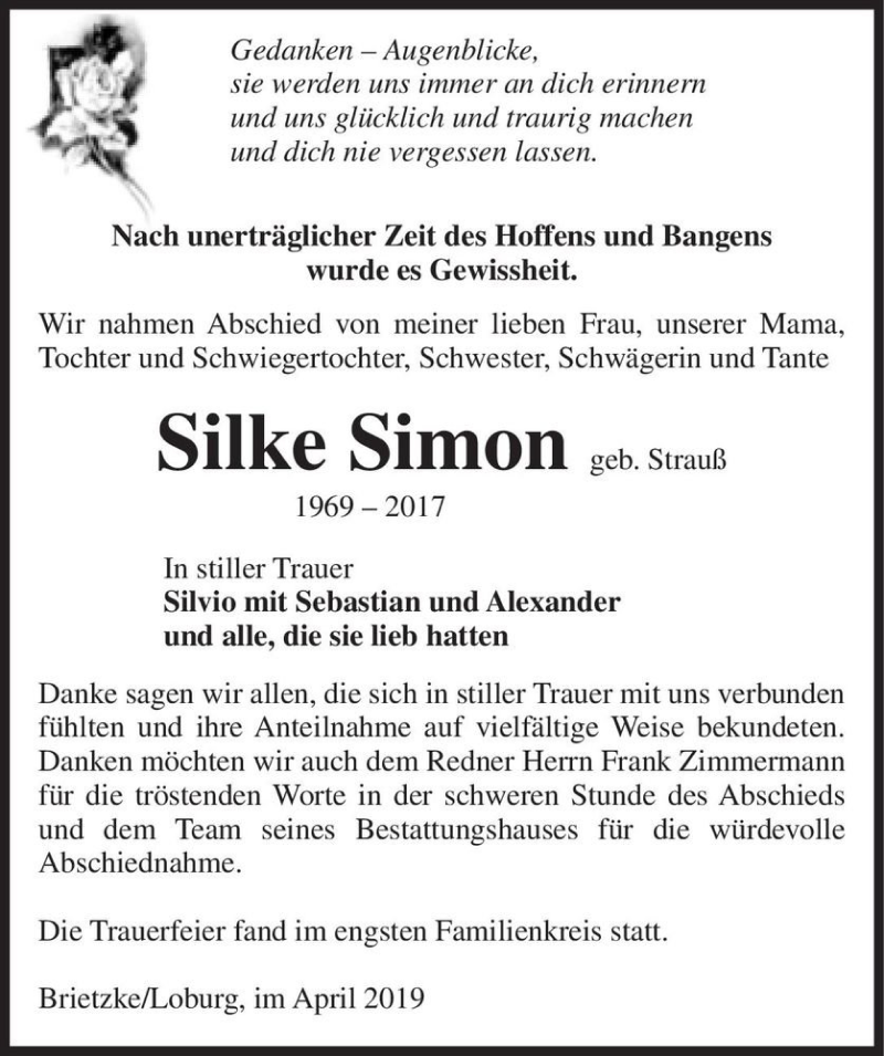 Traueranzeigen Von Silke Simon Geb Strau Abschied Nehmen De