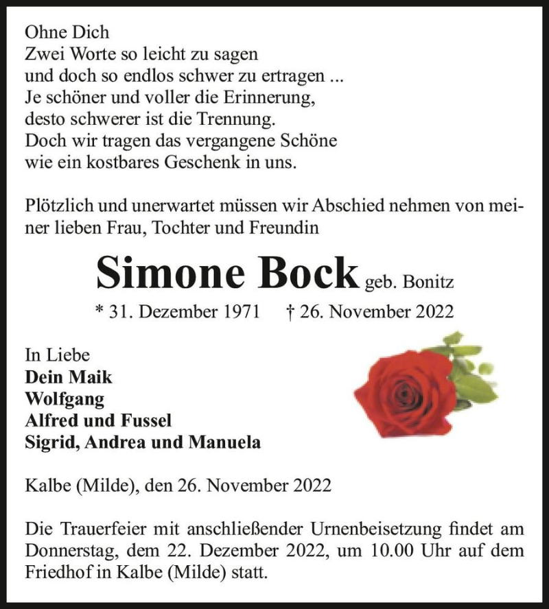 Traueranzeigen Von Simone Bock Geb Bonitz Abschied Nehmen De