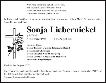 Traueranzeigen Von Sonja Liebernickel Geb Deicke Abschied