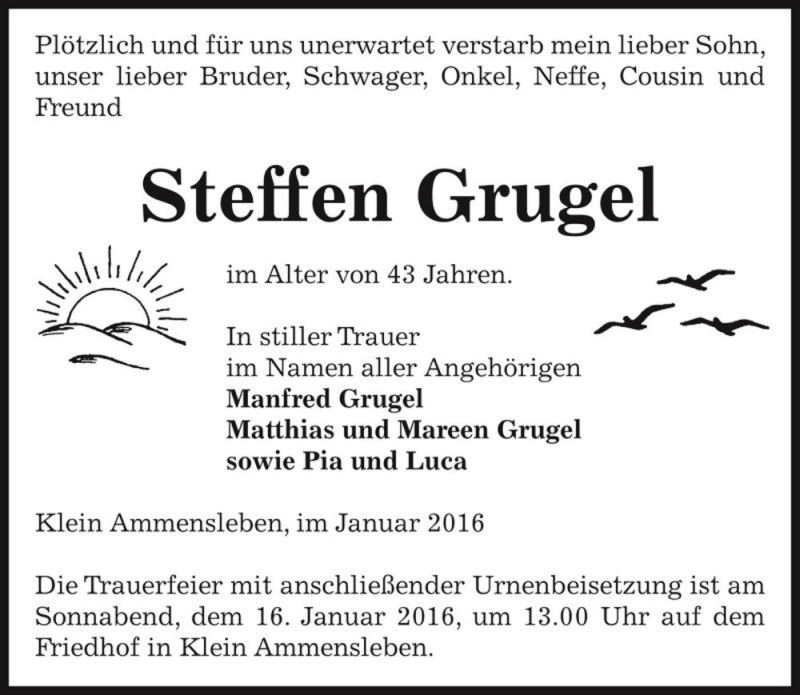 Traueranzeigen Von Steffen Grugel Abschied Nehmen De