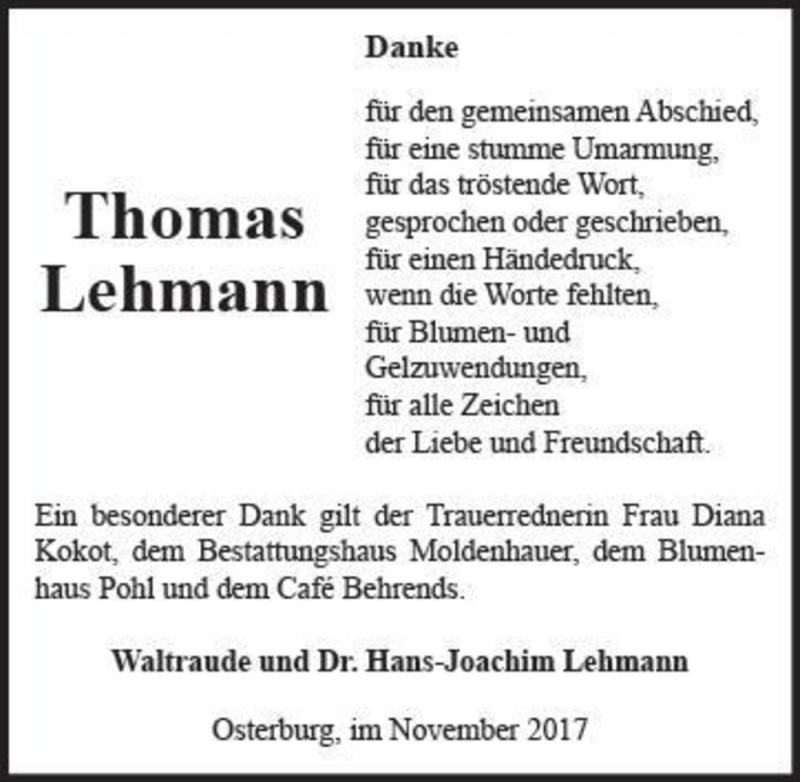 Traueranzeigen Von Thomas Lehmann Abschied Nehmen De