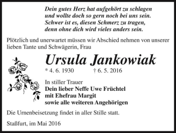 Traueranzeige von Ursula Jankowiak  von Magdeburger Volksstimme