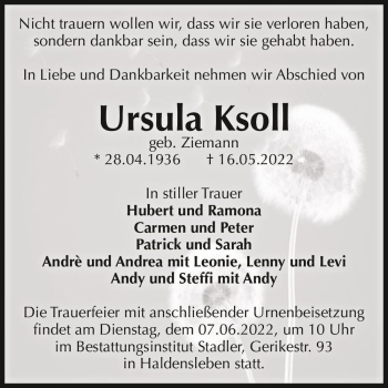 Traueranzeigen Von Ursula Ksoll Geb Ziemann Abschied Nehmen De