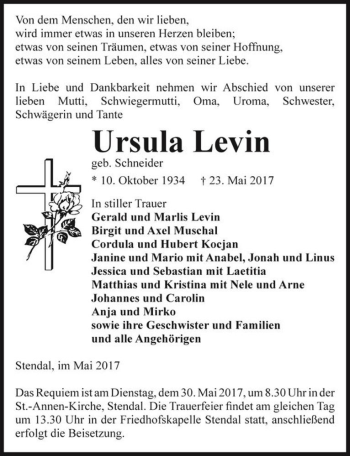 Traueranzeigen Von Ursula Levin Geb Schneider Abschied Nehmen De