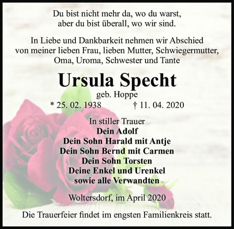 Traueranzeigen Von Ursula Specht Geb Hoppe Abschied Nehmen De