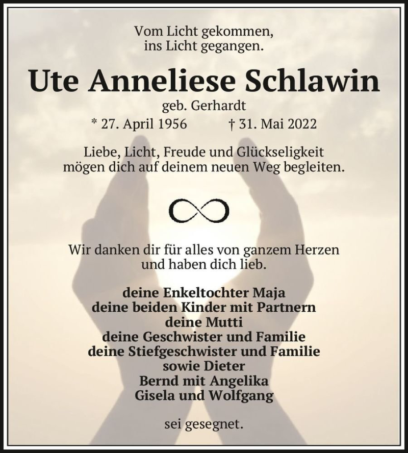 Traueranzeigen Von Ute Anneliese Schlawin Geb Gerhardt