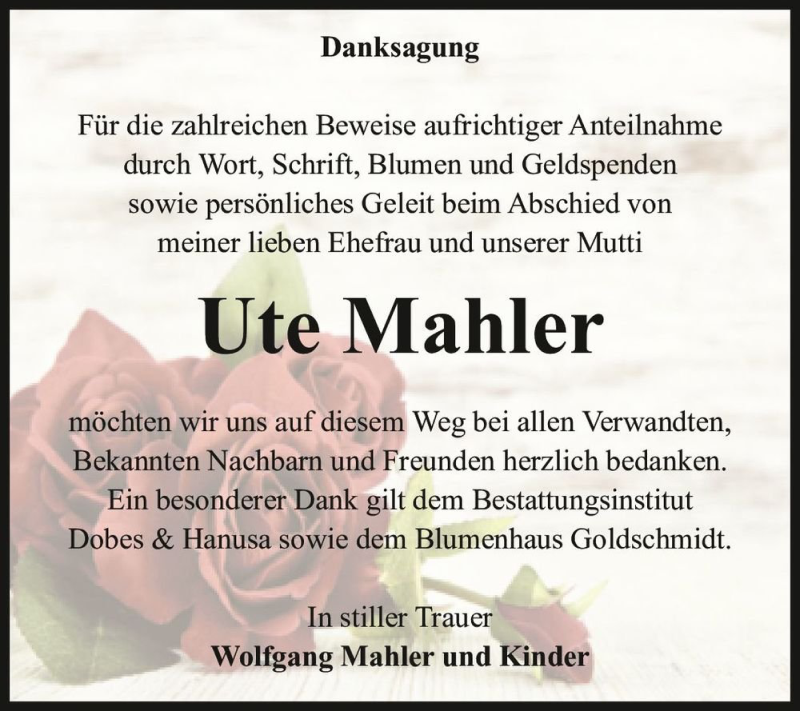 Traueranzeigen Von Ute Mahler Abschied Nehmen De