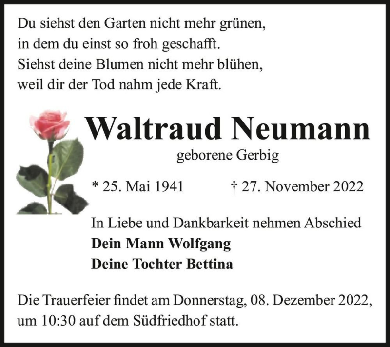 Traueranzeigen Von Waltraud Neumann Geb Gerbig Abschied Nehmen De