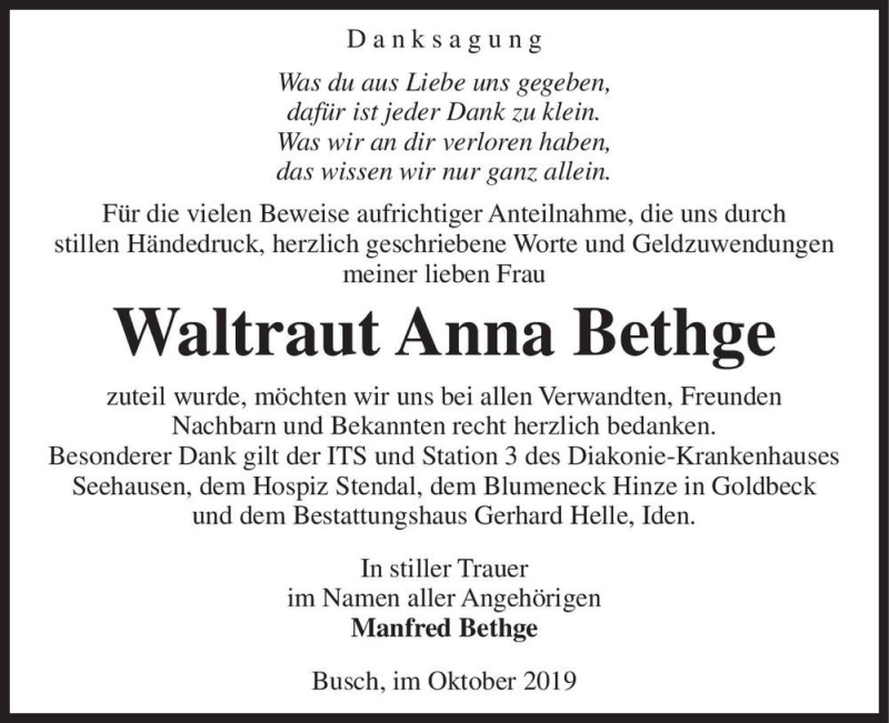 Traueranzeigen Von Waltraut Anna Bethge Abschied Nehmen De