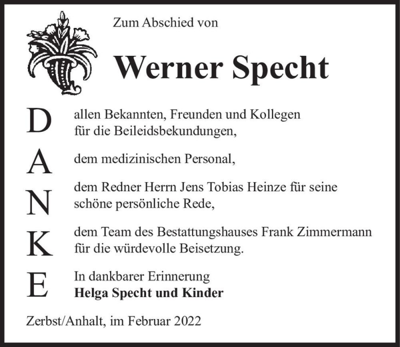 Traueranzeigen Von Werner Specht Abschied Nehmen De