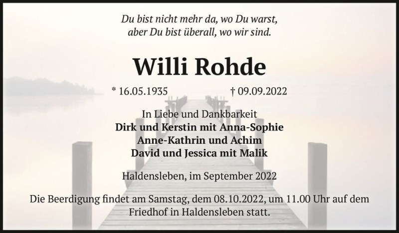 Traueranzeigen Von Willi Rohde Abschied Nehmen De