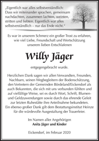 Traueranzeigen von Willy Jäger abschied nehmen de