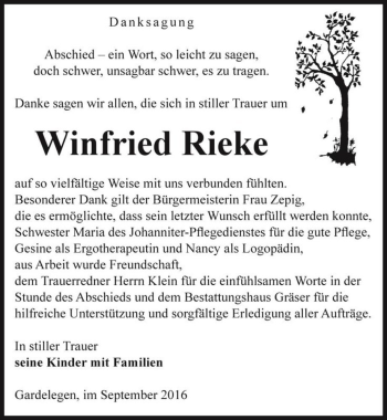 Traueranzeigen Von Winfried Rieke Abschied Nehmen De