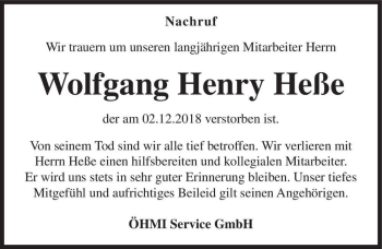 Traueranzeigen von Wolfgang Henry Heße abschied nehmen de