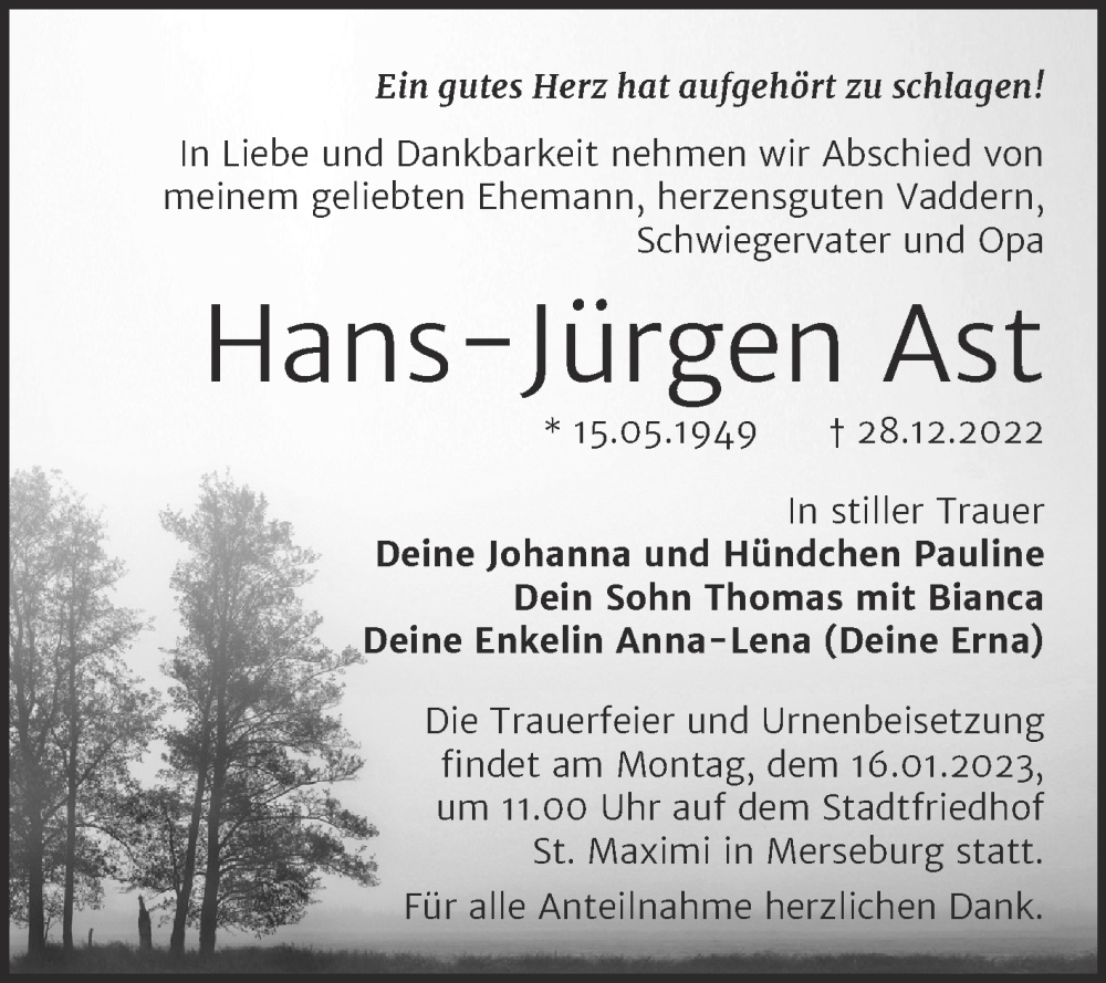 Traueranzeigen von Hans Jürgen Ast abschied nehmen de