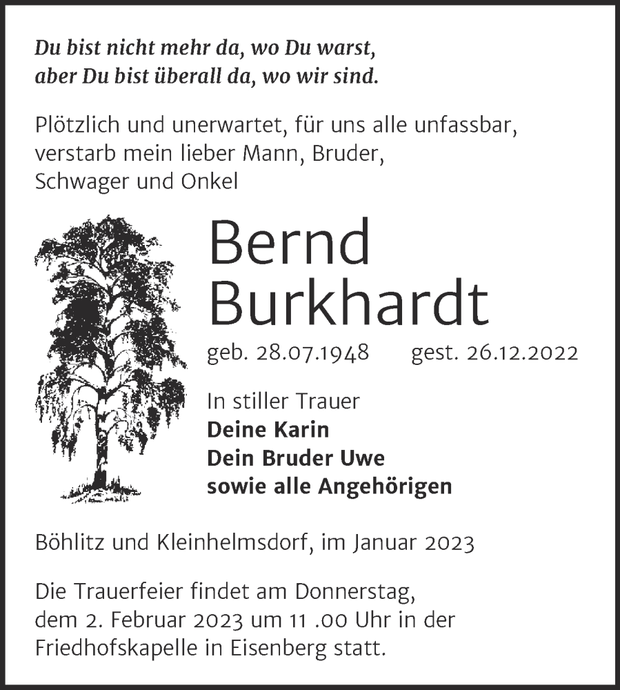 Traueranzeigen Von Bernd Burkhardt Abschied Nehmen De