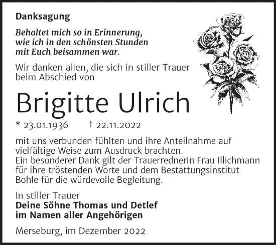 Traueranzeigen Von Brigitte Ulrich Abschied Nehmen De