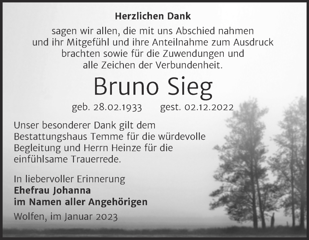 Traueranzeigen Von Bruno Sieg Abschied Nehmen De