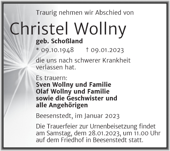 Traueranzeigen Von Christel Wollny Abschied Nehmen De