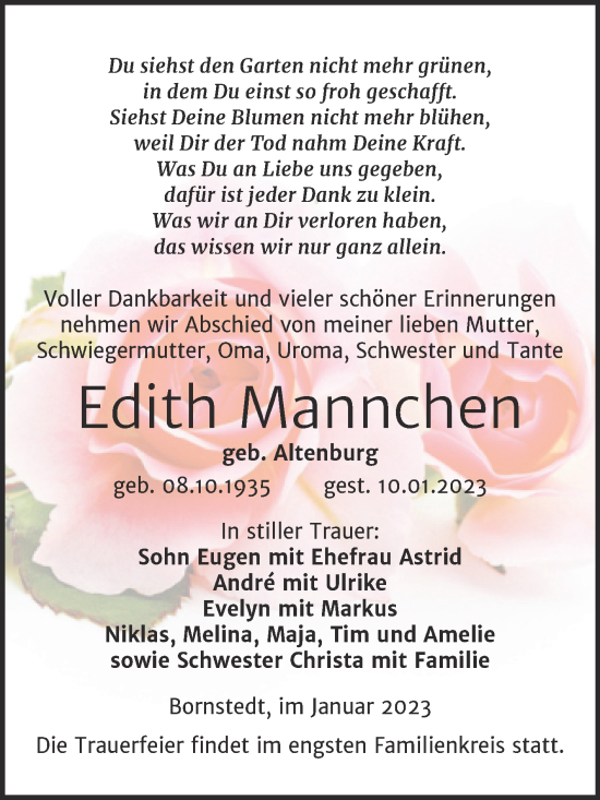 Traueranzeigen Von Edith Mannchen Abschied Nehmen De