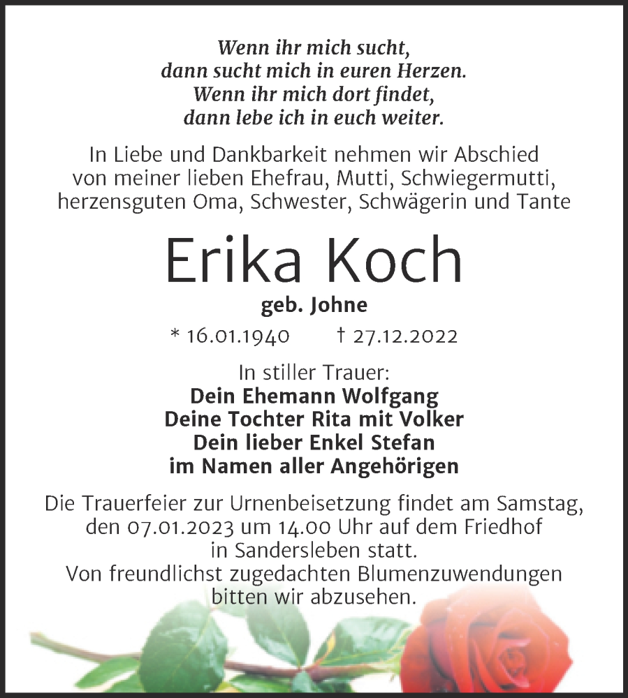 Traueranzeigen Von Erika Koch Abschied Nehmen De