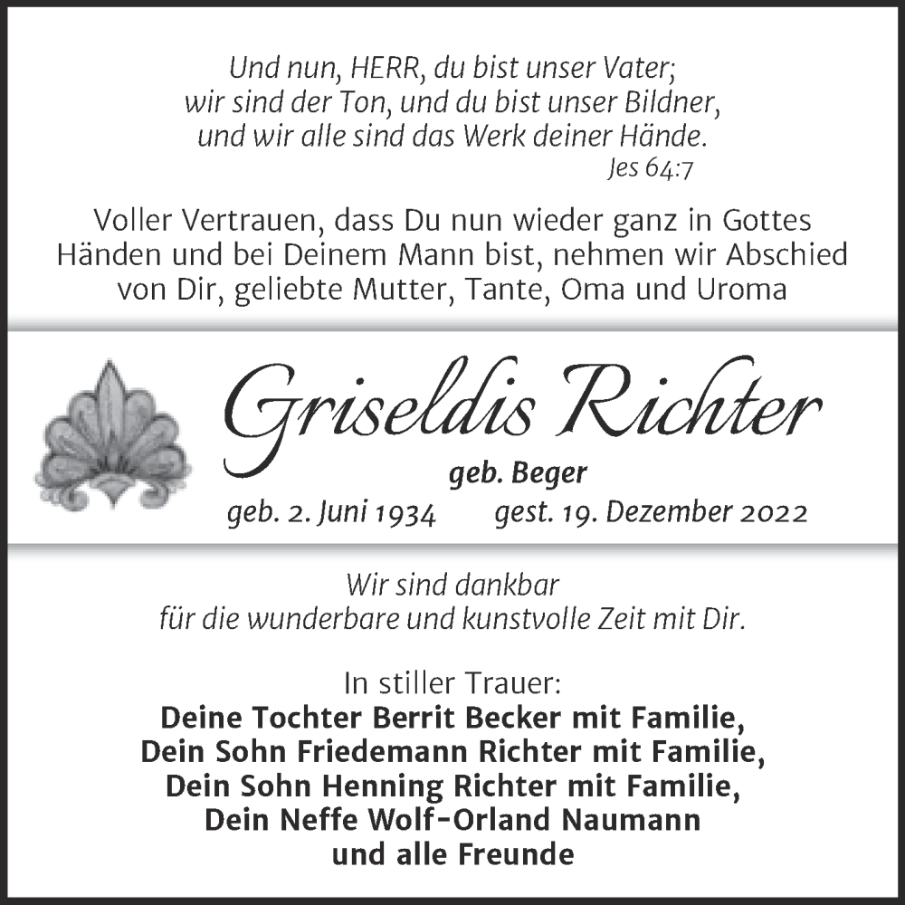 Traueranzeigen Von Griseldis Richter Abschied Nehmen De