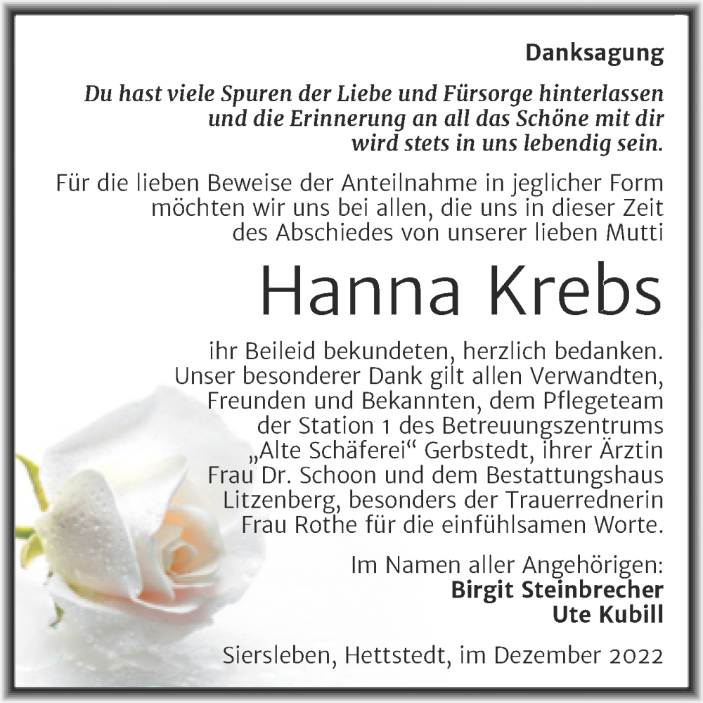 Traueranzeigen Von Hanna Krebs Abschied Nehmen De