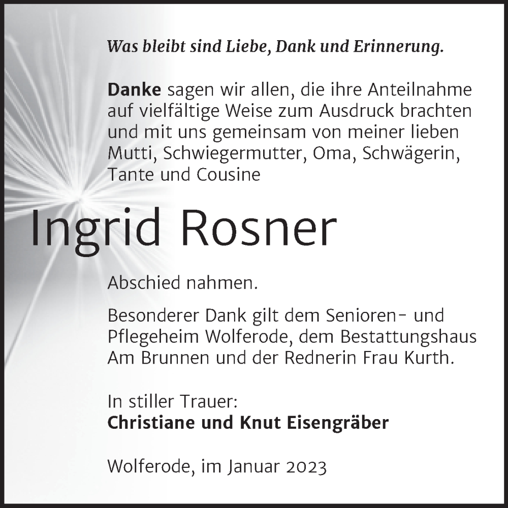 Traueranzeigen Von Ingrid Rosner Abschied Nehmen De