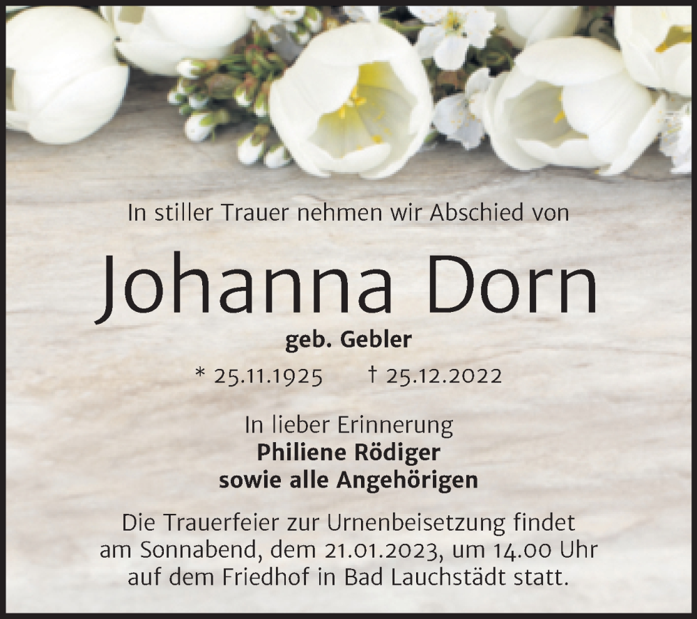 Traueranzeigen Von Johanna Dorn Abschied Nehmen De