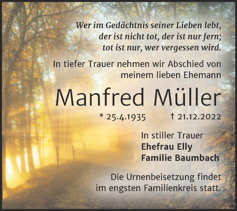 Traueranzeigen Von Manfred M Ller Abschied Nehmen De