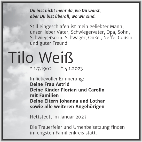 Traueranzeigen von Tilo Weiß abschied nehmen de