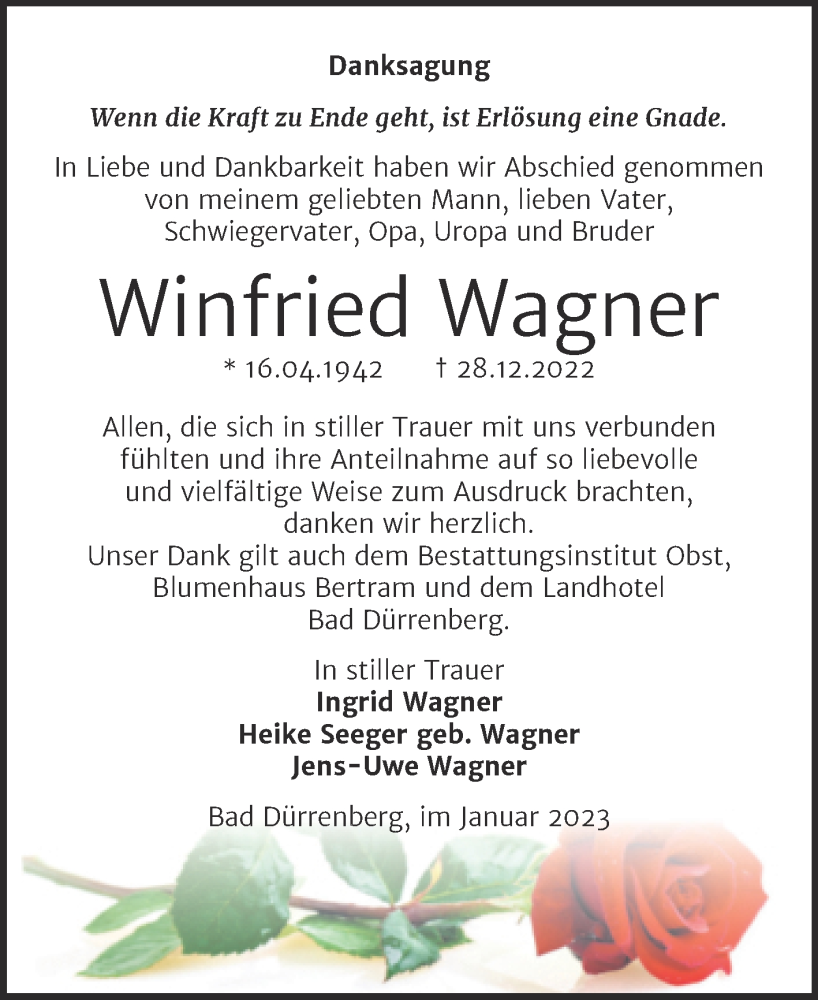 Traueranzeigen Von Winfried Wagner Abschied Nehmen De