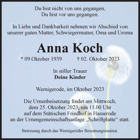 Traueranzeigen Von Anna Koch Abschied Nehmen De