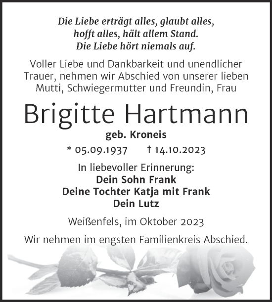 Traueranzeigen Von Brigitte Hartmann Abschied Nehmen De