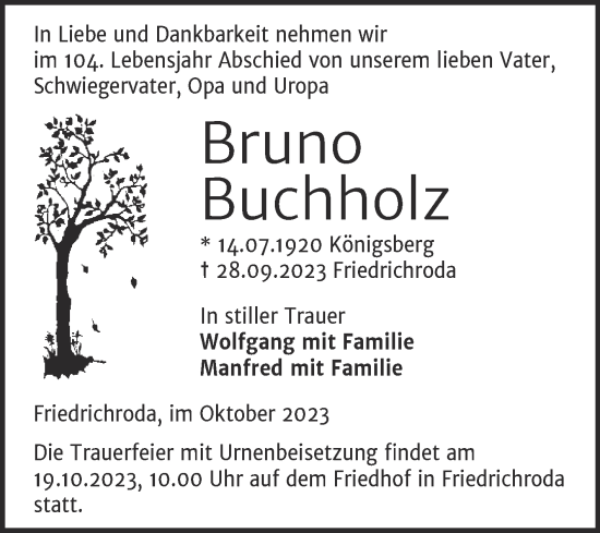 Traueranzeigen Von Bruno Buchholz Abschied Nehmen De