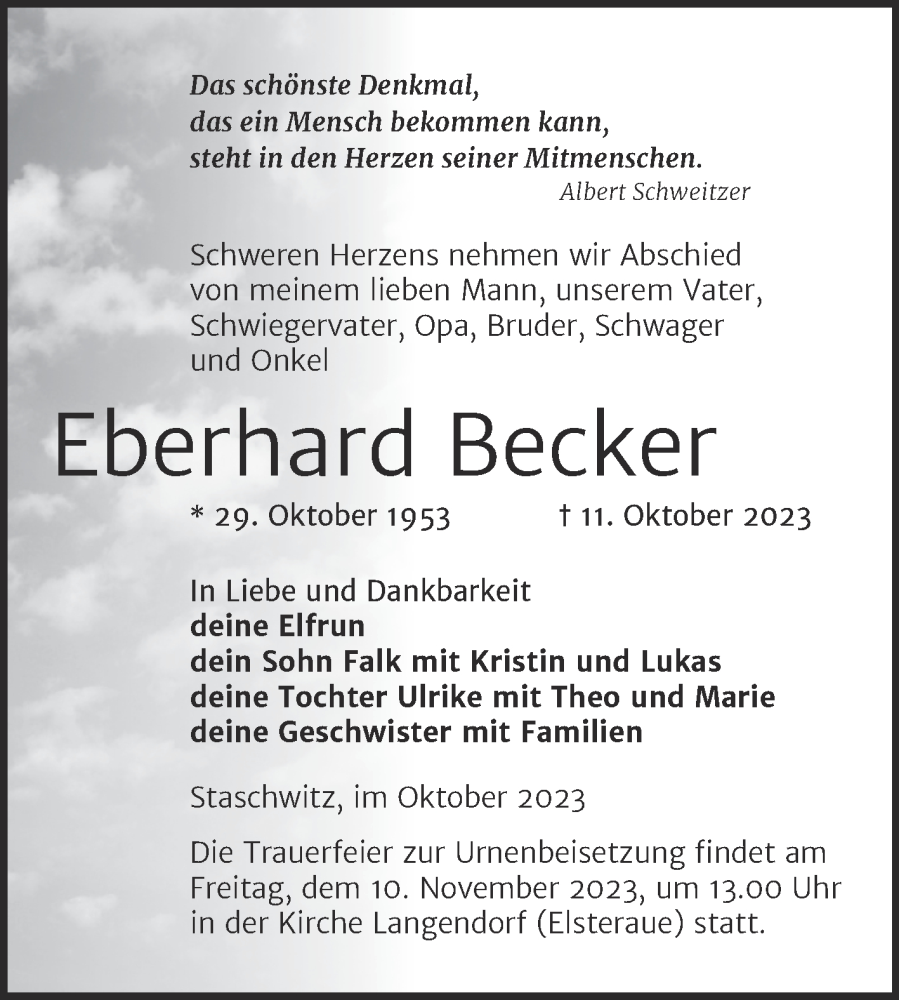 Traueranzeigen Von Eberhard Becker Abschied Nehmen De