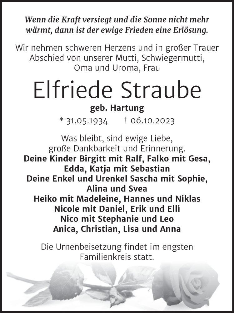 Traueranzeigen Von Elfriede Straube Abschied Nehmen De