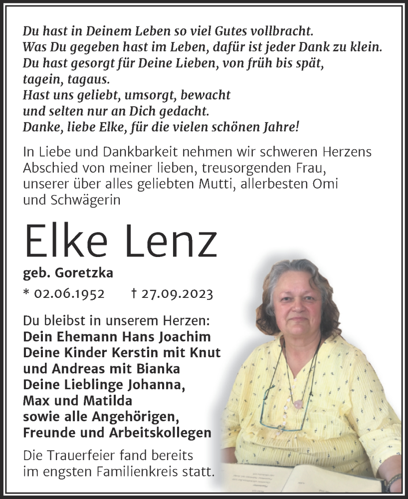 Traueranzeigen Von Elke Lenz Abschied Nehmen De