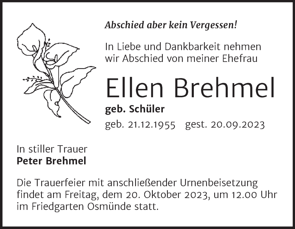 Traueranzeigen Von Ellen Brehmel Abschied Nehmen De