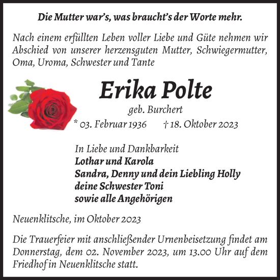 Traueranzeigen Von Erika Polte Abschied Nehmen De