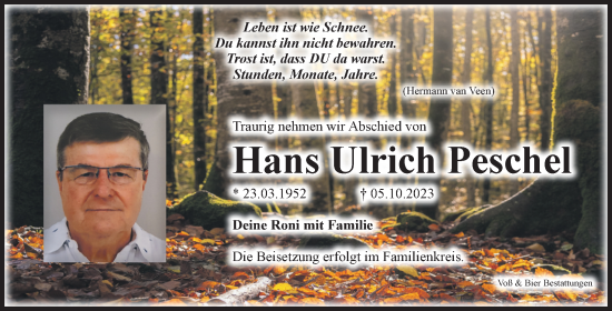 Traueranzeigen Von Hans Ulrich Peschel Abschied Nehmen De