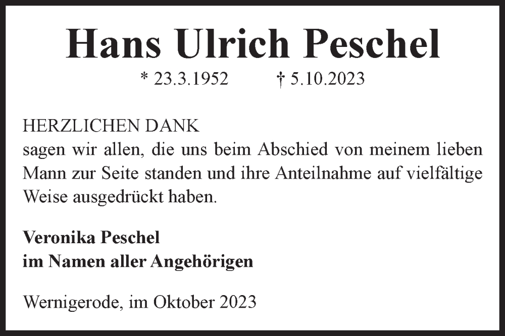 Traueranzeigen Von Hans Ulrich Peschel Abschied Nehmen De