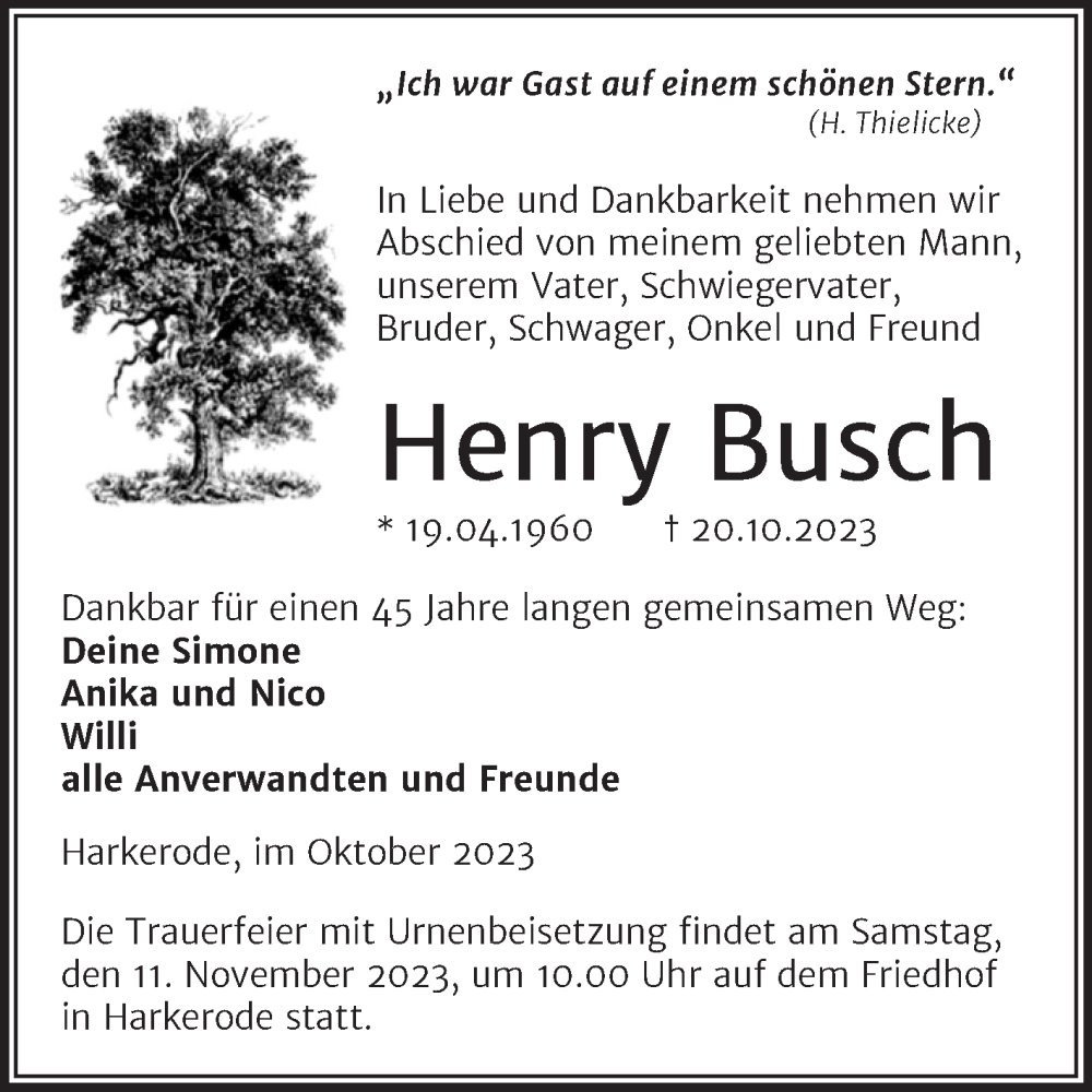 Traueranzeigen Von Henry Busch Abschied Nehmen De