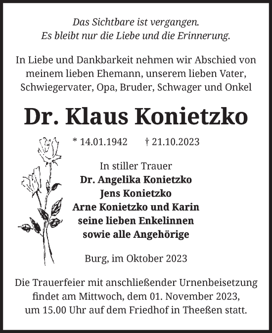 Traueranzeigen Von Klaus Konietzko Abschied Nehmen De