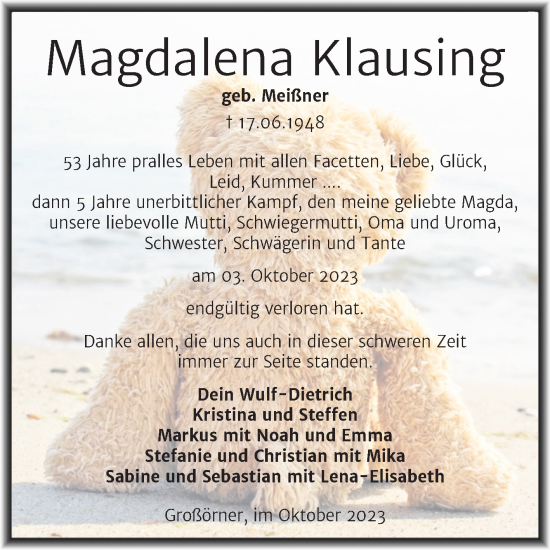 Traueranzeigen Von Magdalena Klausing Abschied Nehmen De