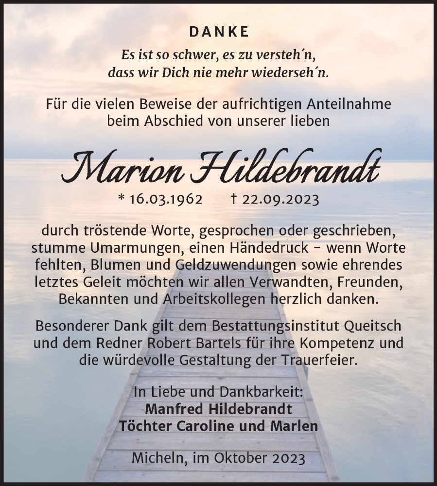 Traueranzeigen Von Marion Hildebrandt Abschied Nehmen De