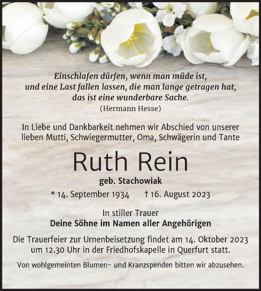 Traueranzeigen Von Ruth Rein Abschied Nehmen De