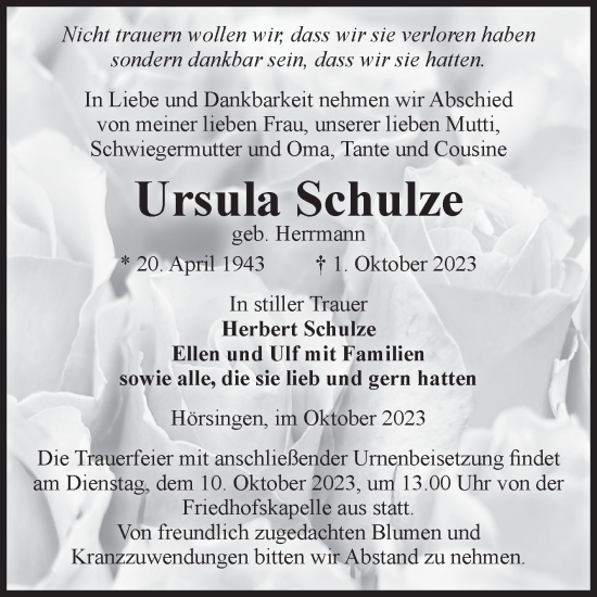 Traueranzeigen Von Ursula Schulze Abschied Nehmen De